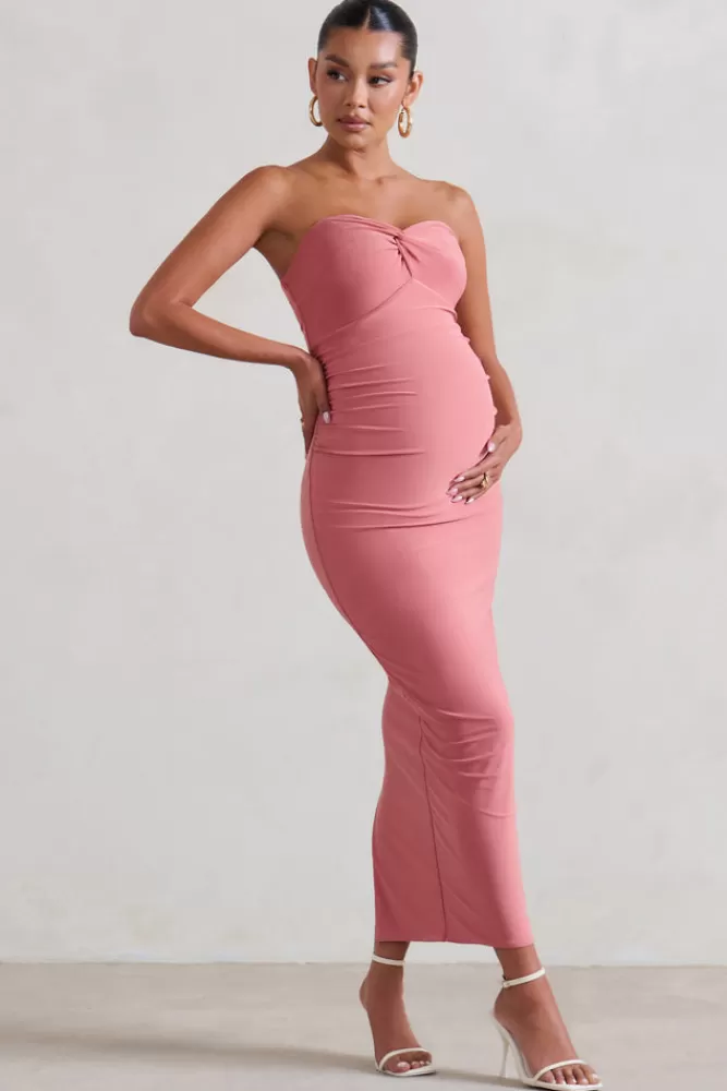 Club L London Evita | Pink Maternity Sweetheart Twist Detail Midi Dress BLUSHPINK Clearance