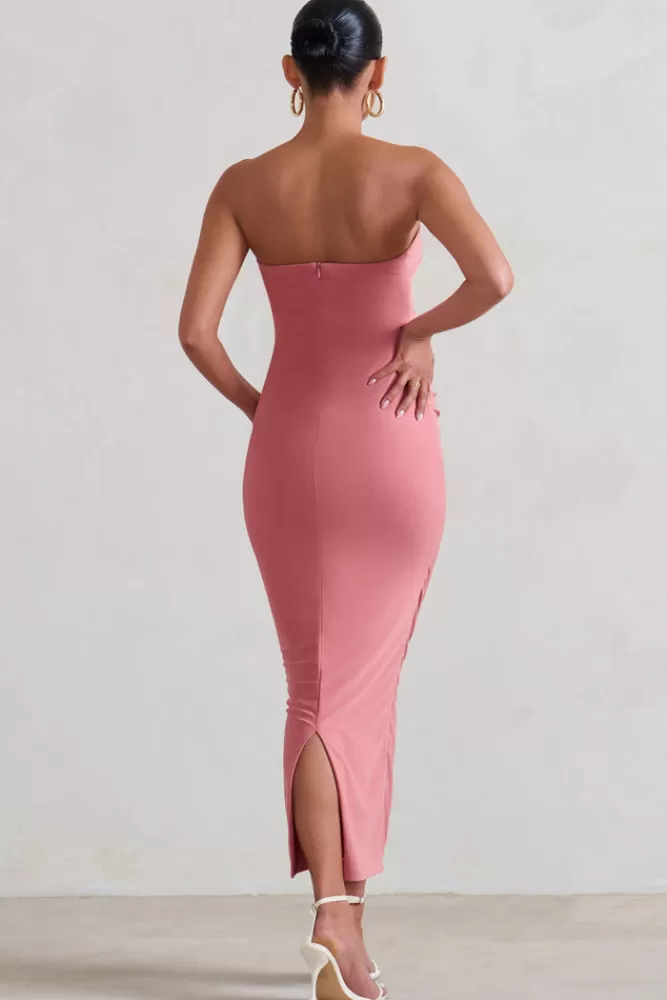 Club L London Evita | Pink Maternity Sweetheart Twist Detail Midi Dress BLUSHPINK Clearance