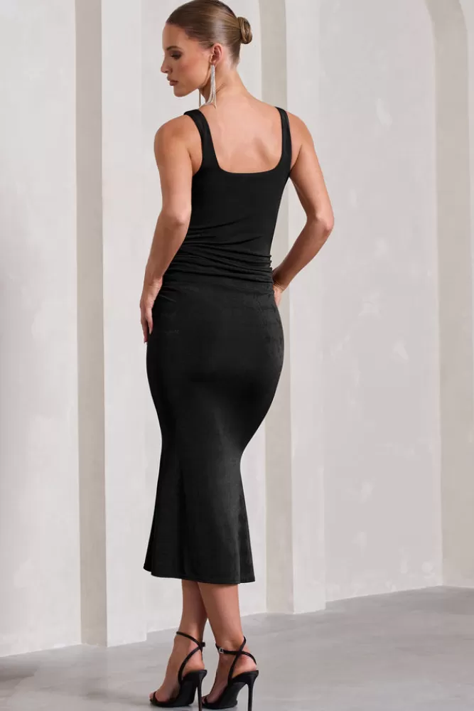 Club L London Evora | Ruched Square-Neck Fishtail Midi Dress BLACK Sale