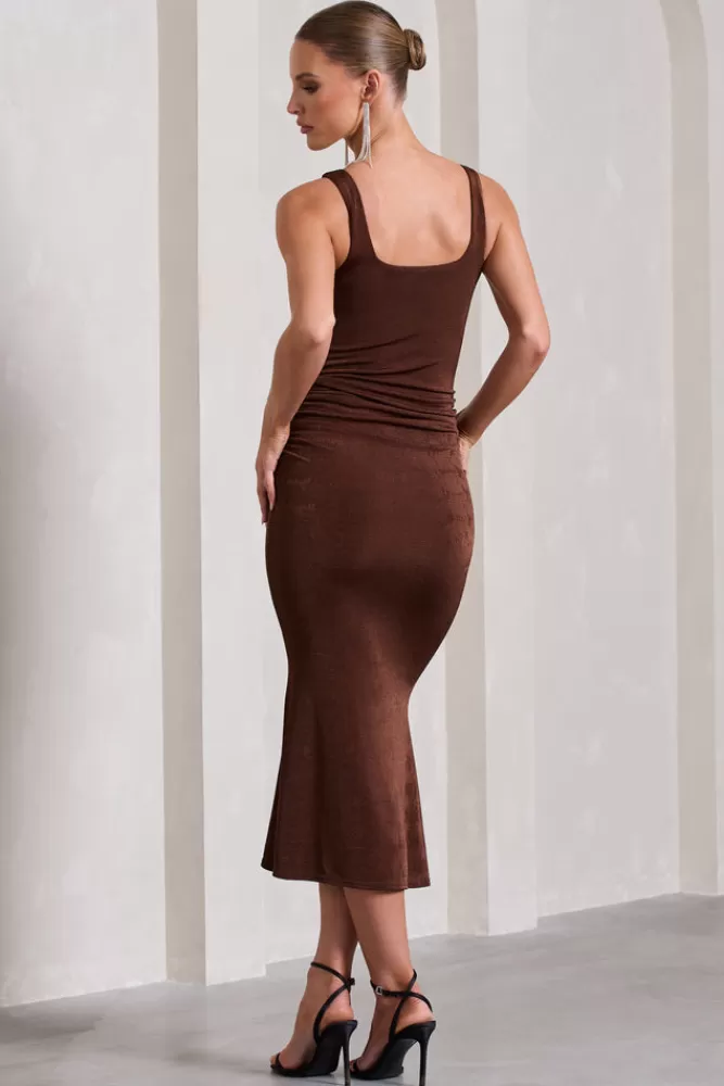 Club L London Evora | Chocolate Ruched Square-Neck Fishtail Midi Dress CHOCOLATEDRIZZLE Shop