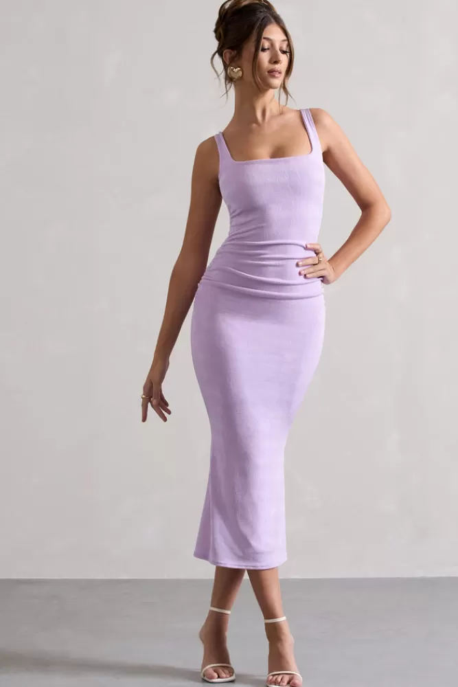 Club L London Evora | Ruched Square-Neck Fishtail Midi Dress LILAC Sale