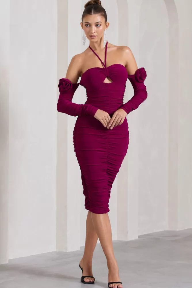 Club L London Extra Special | Dark Cherry Ruched Halter-Neck Midi Dress With Flowers DARKCHERRY Clearance