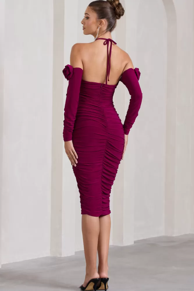 Club L London Extra Special | Dark Cherry Ruched Halter-Neck Midi Dress With Flowers DARKCHERRY Clearance