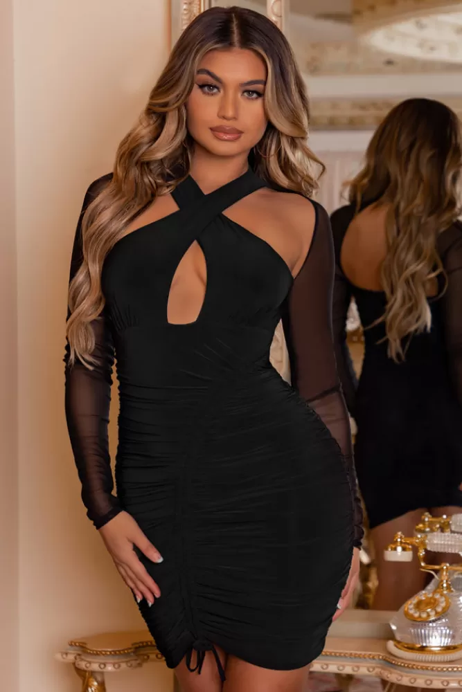 Club L London Eyes On You | Long Sleeve Halter Neck Mini Dress Black Flash Sale