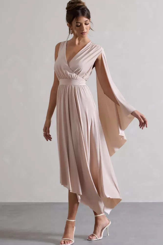 Club L London Fable | Plunge-Neck Maxi Dress With Cape Sleeve CHAMPAGNE Sale