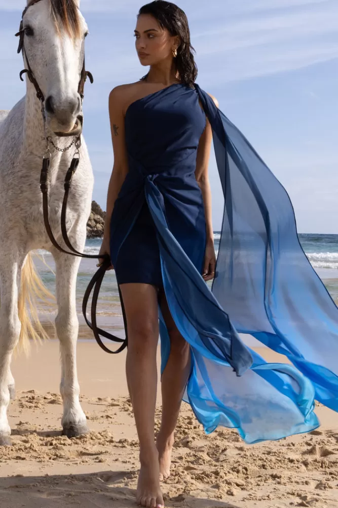 Club L London Faded | Blue Ombre One Shoulder Wrap Maxi Dress With Drape BLUEOMBRE Store