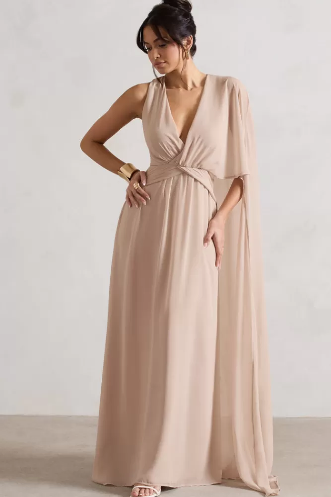 Club L London Fairytale | Plunge-Neck Chiffon Maxi Dress With Cape Sleeve CHAMPAGNE Best