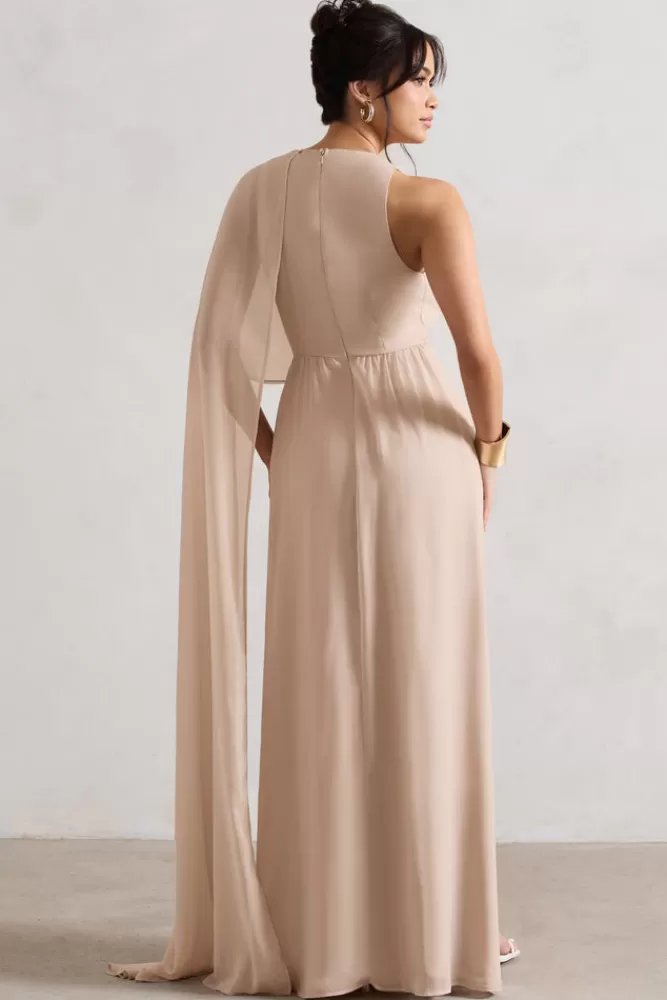 Club L London Fairytale | Plunge-Neck Chiffon Maxi Dress With Cape Sleeve CHAMPAGNE Best