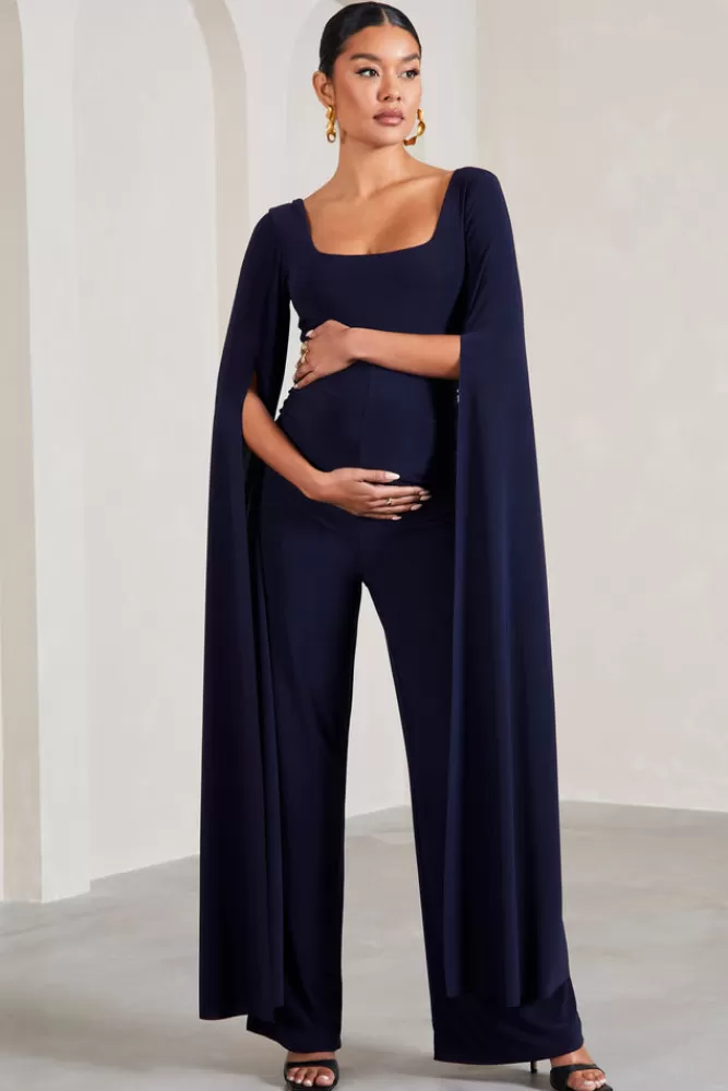 Club L London Faith | Square-Neck Straight-Leg Maternity Jumpsuit With Cape Sleeves NAVY Fashion