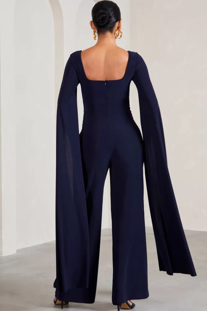 Club L London Faith | Square-Neck Straight-Leg Maternity Jumpsuit With Cape Sleeves NAVY Fashion