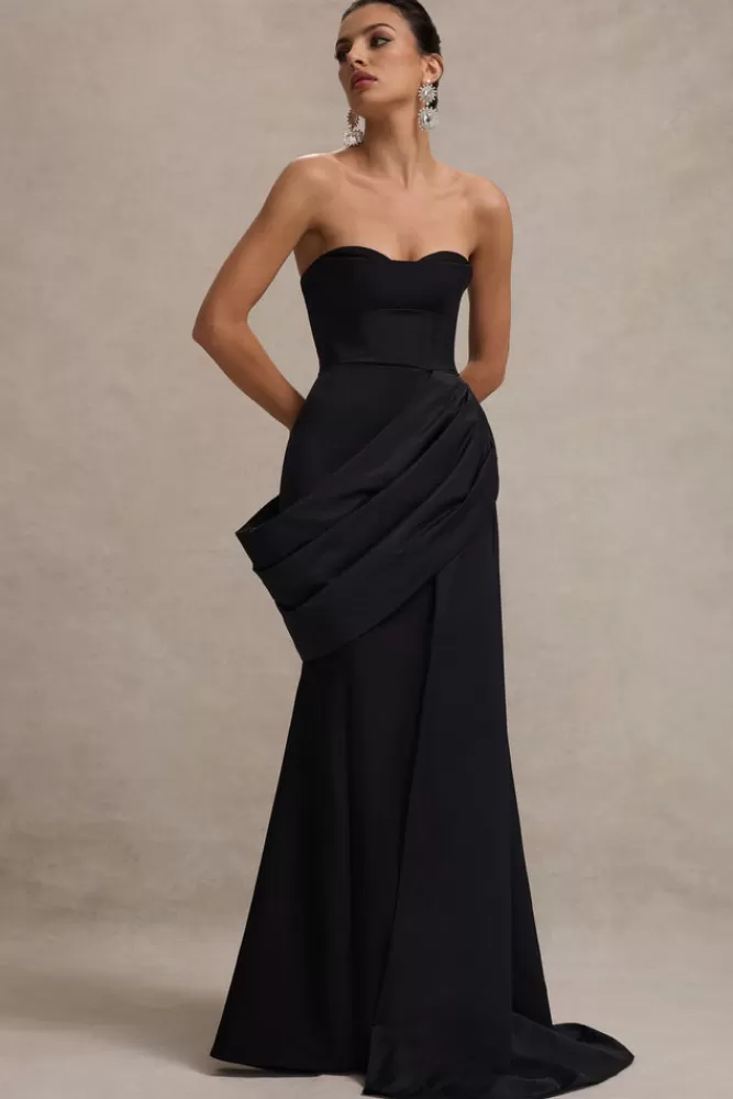 Club L London Fallen | Strapless Corset Maxi Dress With Drape BLACK Hot