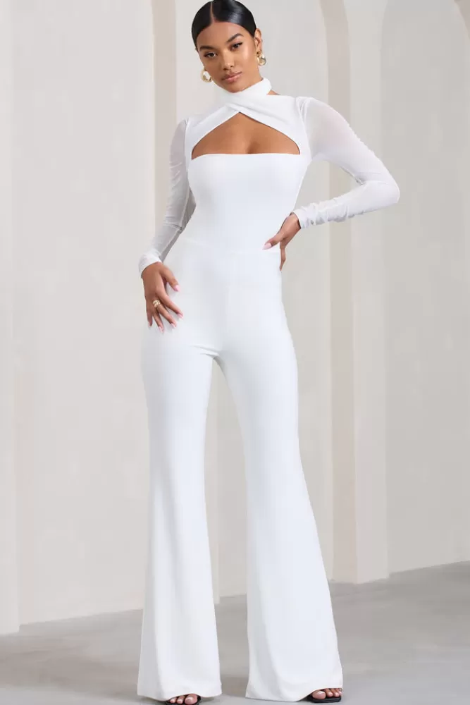 Club L London Fallon | Flared-Leg Jumpsuit With Long Mesh Sleeves WHITE Best