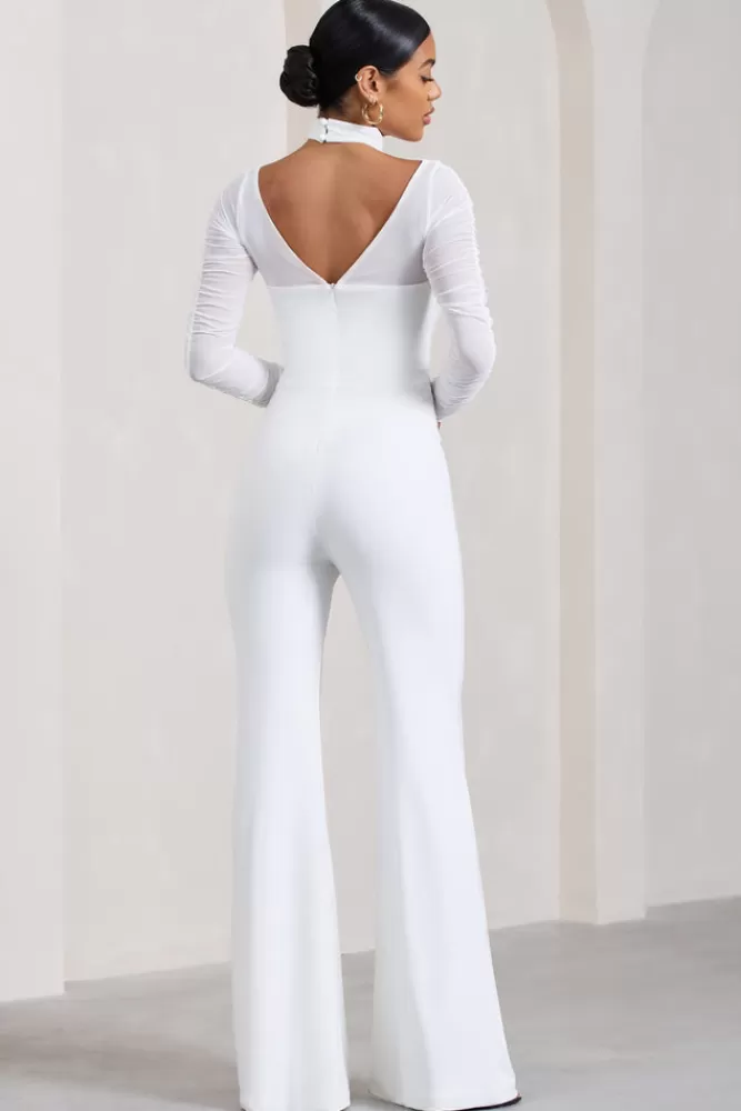 Club L London Fallon | Flared-Leg Jumpsuit With Long Mesh Sleeves WHITE Best