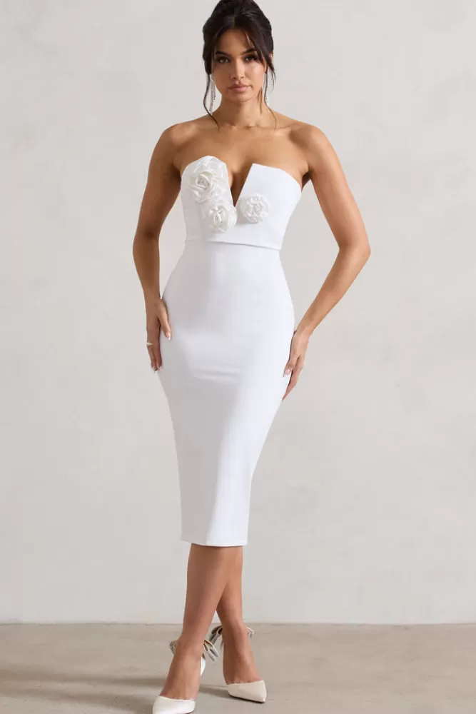 Club L London Fanciful | Bodycon V-Neck Midi Dress With Flowers WHITE Shop