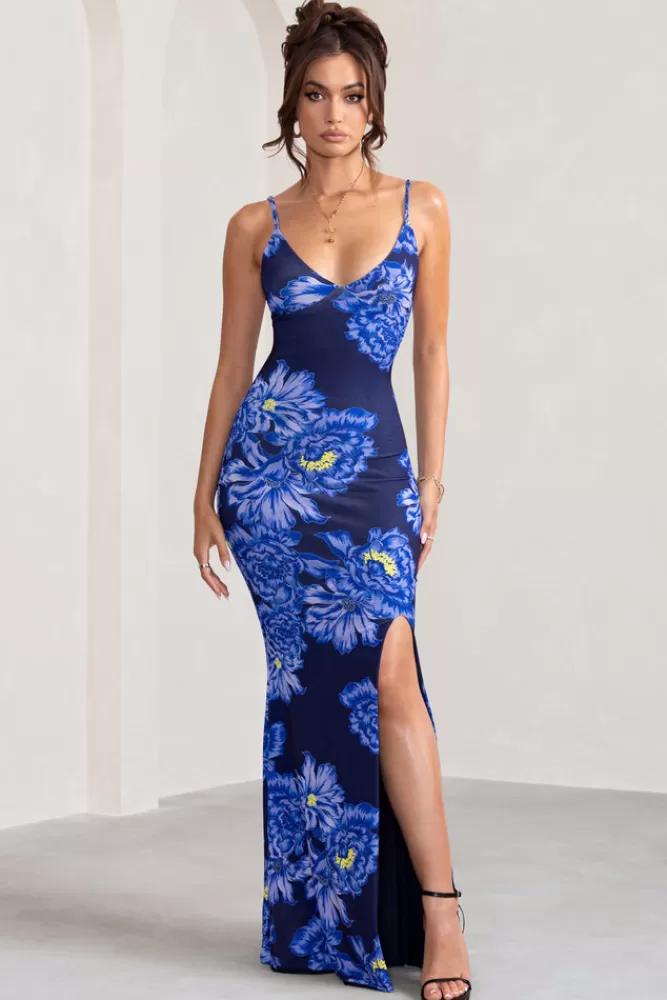 Club L London Farah | Blue Floral Print Plunge Neck Maxi Dress With Split Detail BlueFloral Flash Sale
