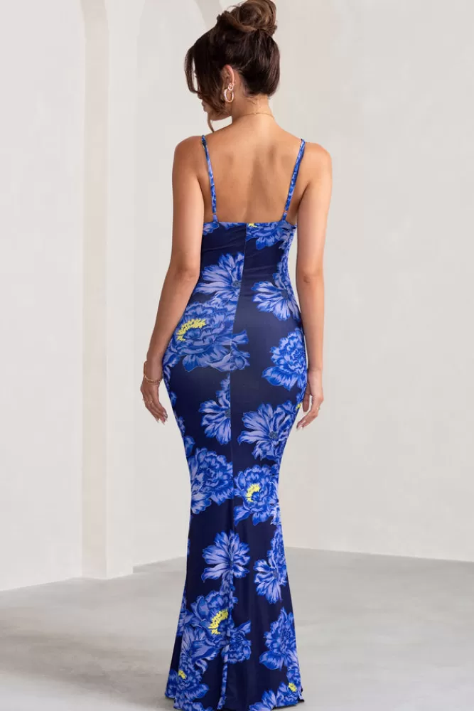 Club L London Farah | Blue Floral Print Plunge Neck Maxi Dress With Split Detail BlueFloral Flash Sale