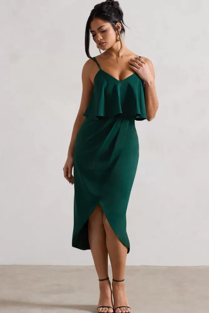 Club L London Faro | Bottle Green Strappy Draped-Neck Wrap Midi Dress BOTTLEGREEN Flash Sale