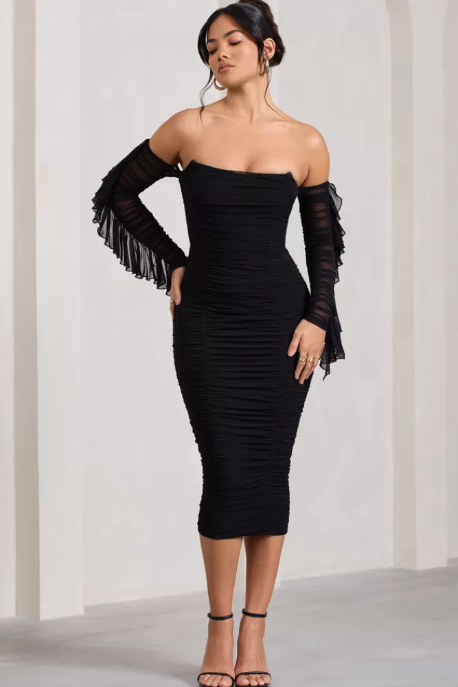 Club L London Favor | Ruched Mesh Bardot Midi Dress BLACK Outlet