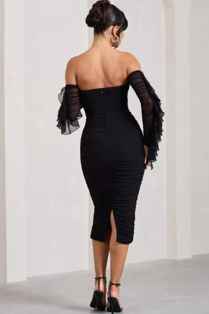 Club L London Favor | Ruched Mesh Bardot Midi Dress BLACK Outlet