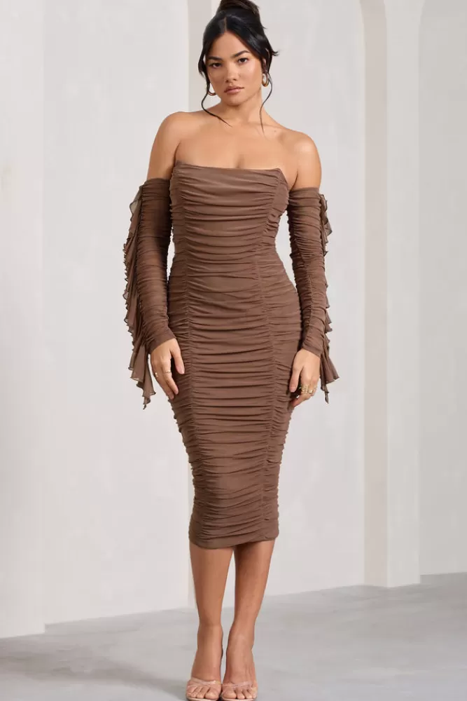 Club L London Favor | Ruched Mesh Bardot Midi Dress MOCHA Flash Sale