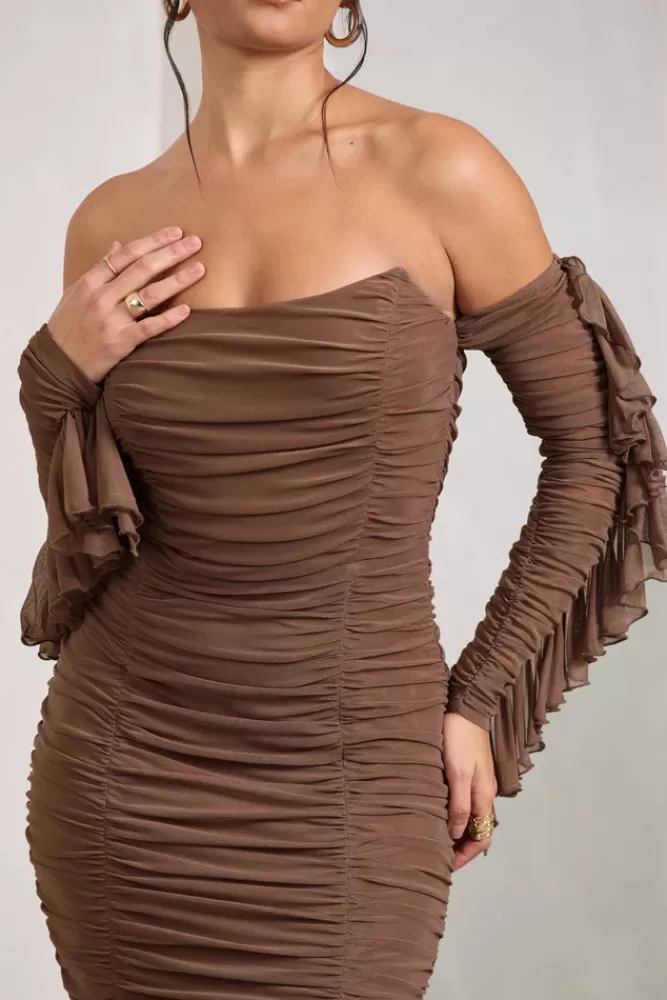 Club L London Favor | Ruched Mesh Bardot Midi Dress MOCHA Flash Sale