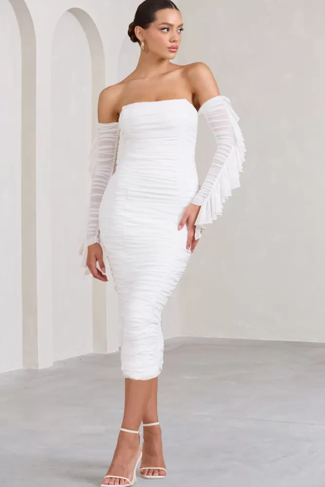 Club L London Favor | Ruched Mesh Bardot Midi Dress WHITE Cheap