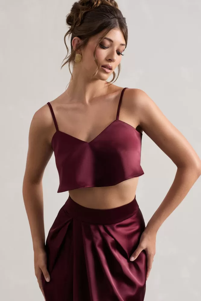 Club L London Fawn | Satin Cami Crop Top PLUM Outlet