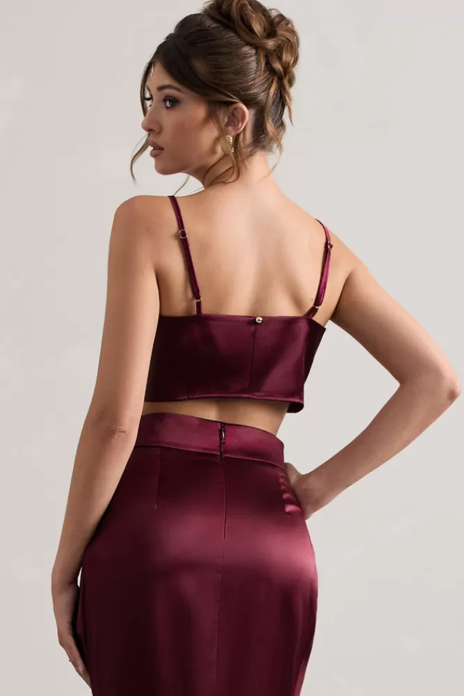 Club L London Fawn | Satin Cami Crop Top PLUM Outlet