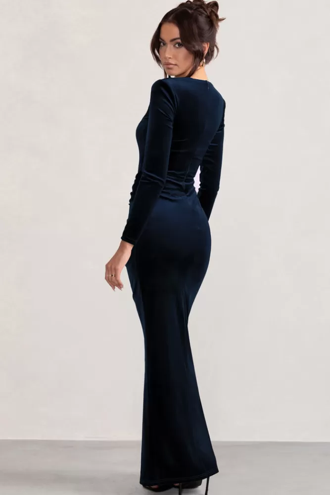 Club L London Fay | Velvet Corset Style Knot Maxi Dress NAVY Best Sale