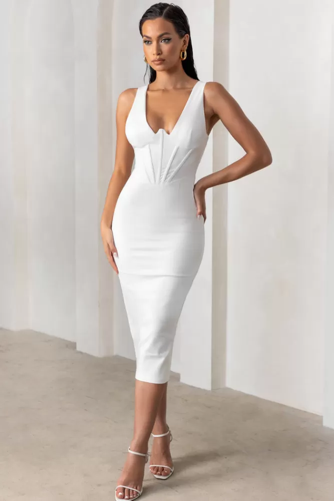 Club L London Feeling Good | Plunge Neck Corset Midi Dress WHITE New