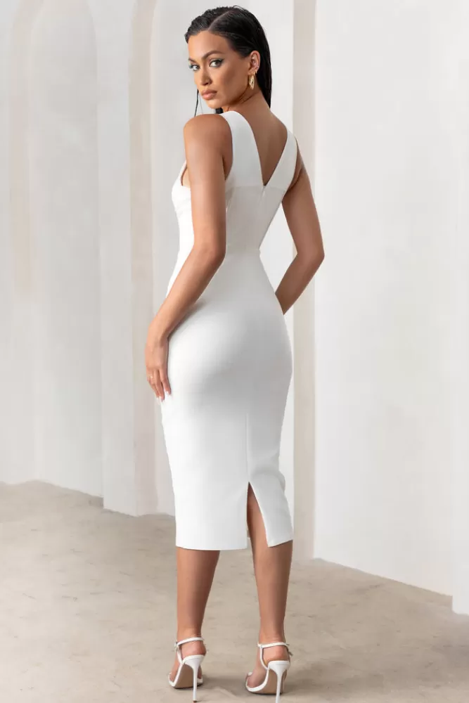 Club L London Feeling Good | Plunge Neck Corset Midi Dress WHITE New