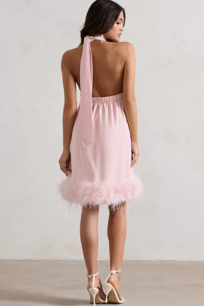 Club L London Femme | Pink Halter-Neck Smock Mini Dress With Feather Hem PINKTULLE New