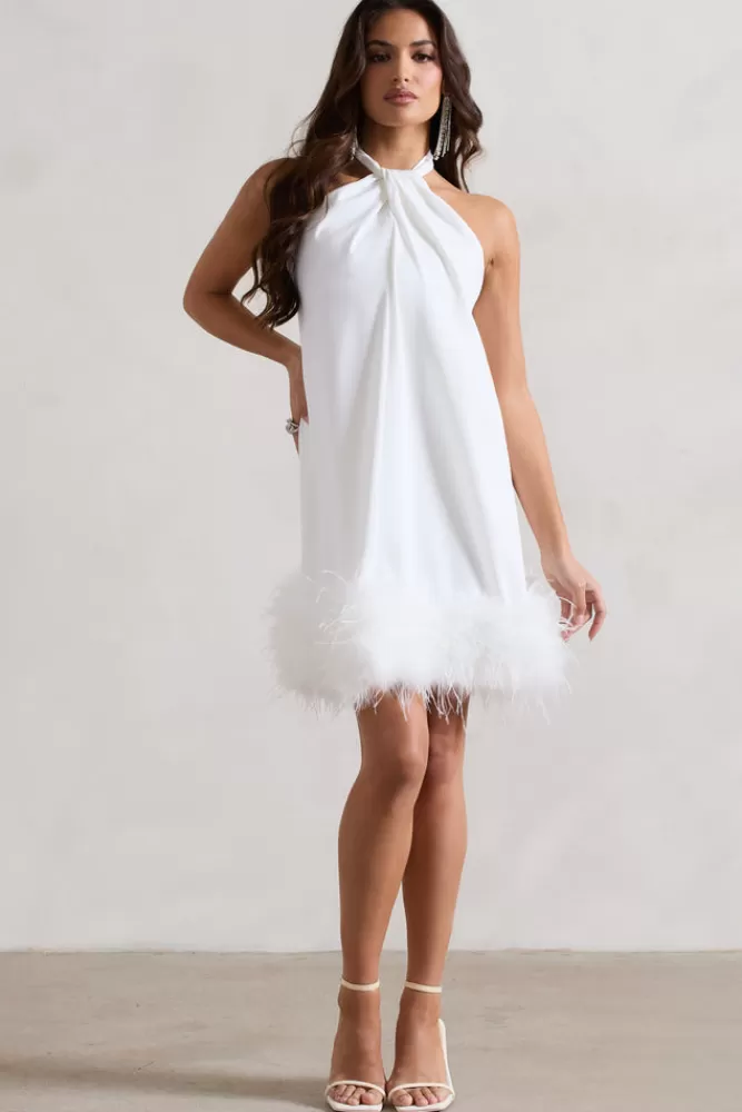 Club L London Femme | Halter-Neck Smock Mini Dress With Feather Hem WHITE Discount