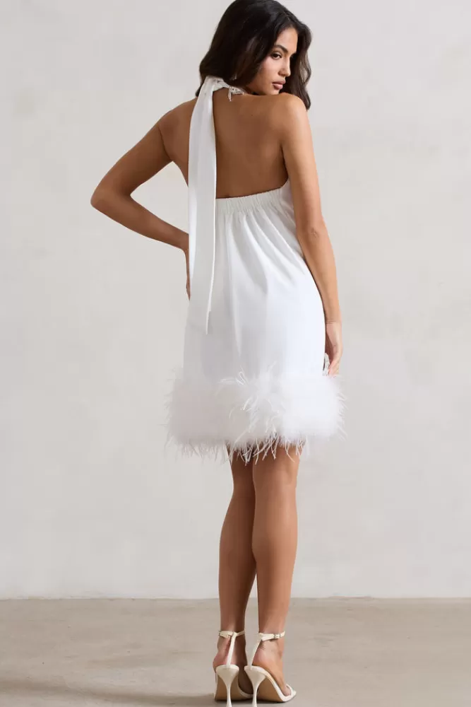 Club L London Femme | Halter-Neck Smock Mini Dress With Feather Hem WHITE Discount