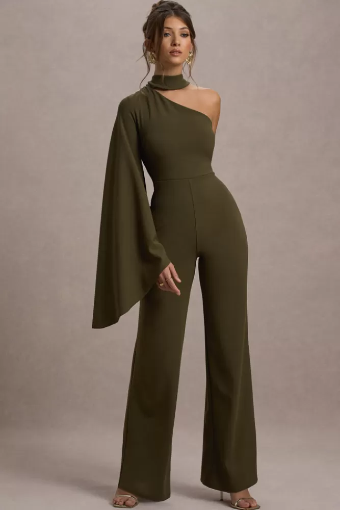 Club L London Fenix | Asymmetric Cape-Sleeve Straight-Leg Jumpsuit KHAKI Sale