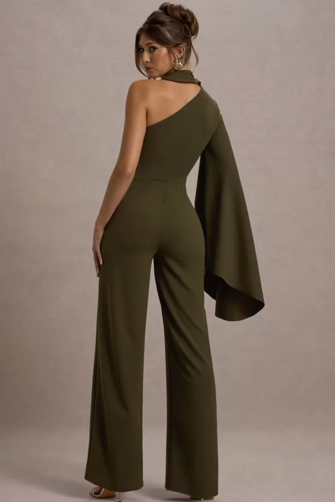 Club L London Fenix | Asymmetric Cape-Sleeve Straight-Leg Jumpsuit KHAKI Sale