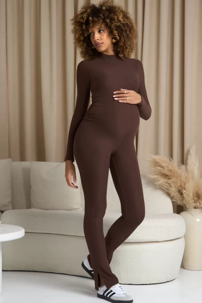 Club L London Fia | Brown High-Neck Slim-Leg Maternity Jumpsuit CHOCOLATE Store