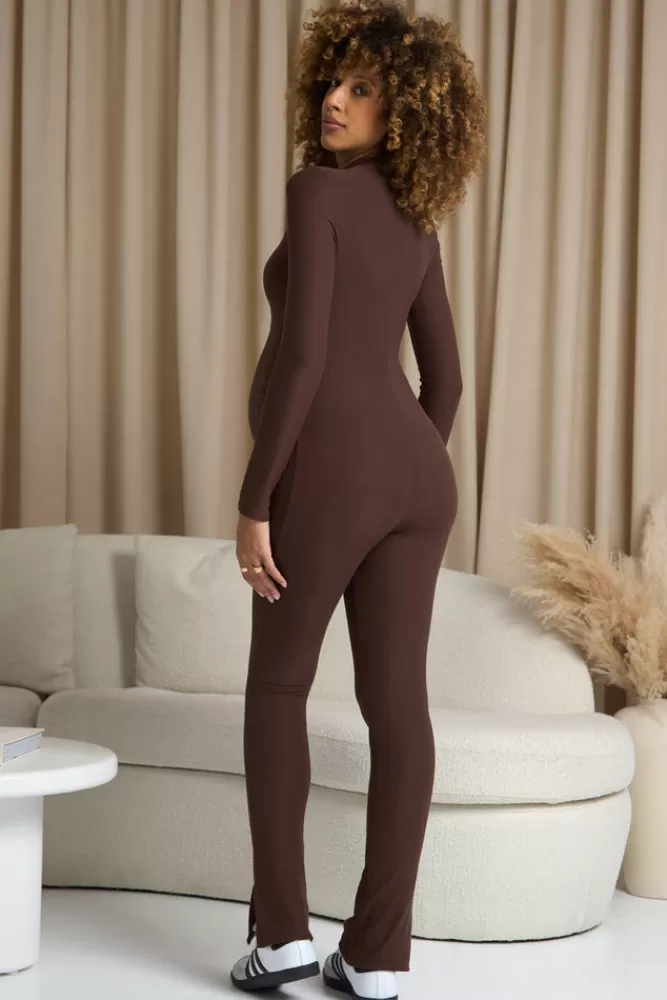 Club L London Fia | Brown High-Neck Slim-Leg Maternity Jumpsuit CHOCOLATE Store