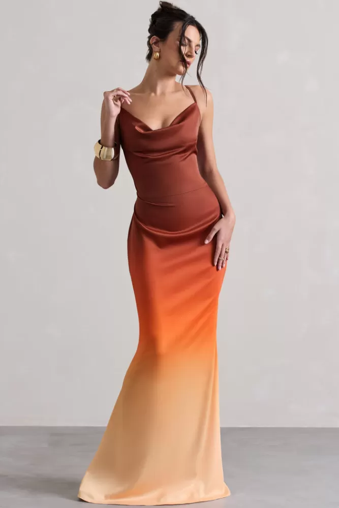 Club L London Fiji | Orange Ombre Satin Cowl-Neck Strappy Maxi Dress ORANGEOMBRE Clearance