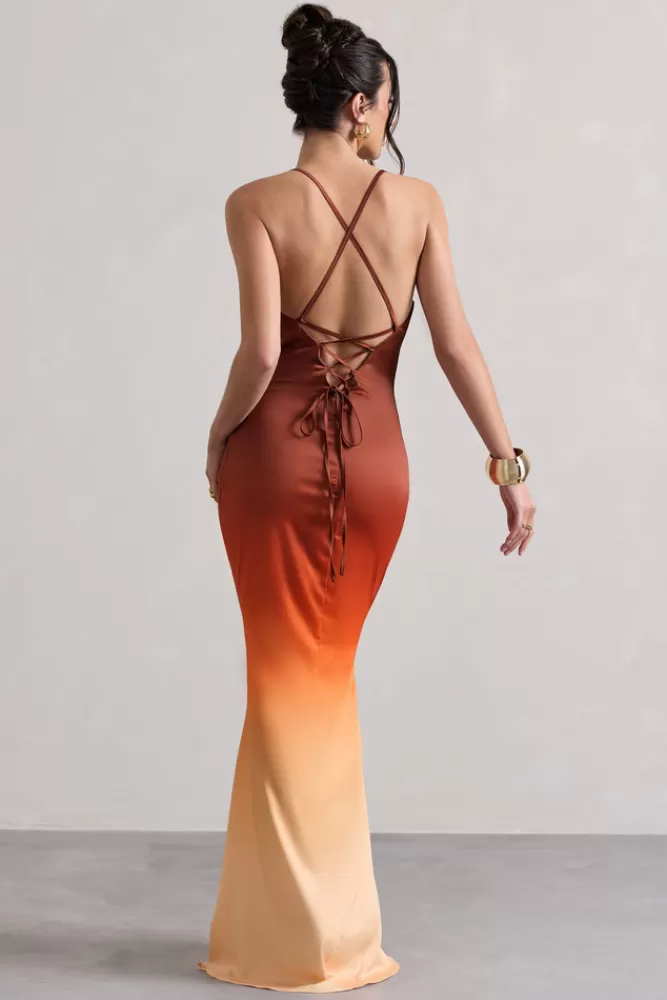 Club L London Fiji | Orange Ombre Satin Cowl-Neck Strappy Maxi Dress ORANGEOMBRE Clearance