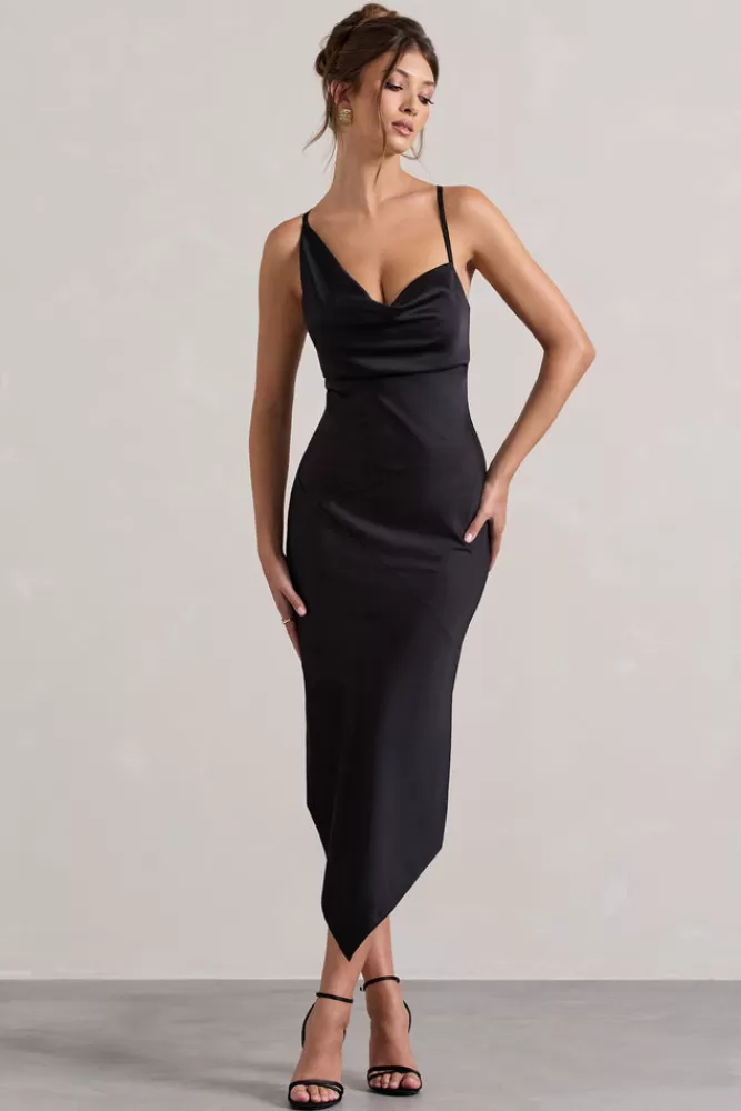 Club L London Fillie | Satin Asymmetric Cowl-Neck Midi Dress BLACK Best