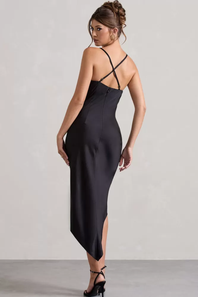 Club L London Fillie | Satin Asymmetric Cowl-Neck Midi Dress BLACK Best