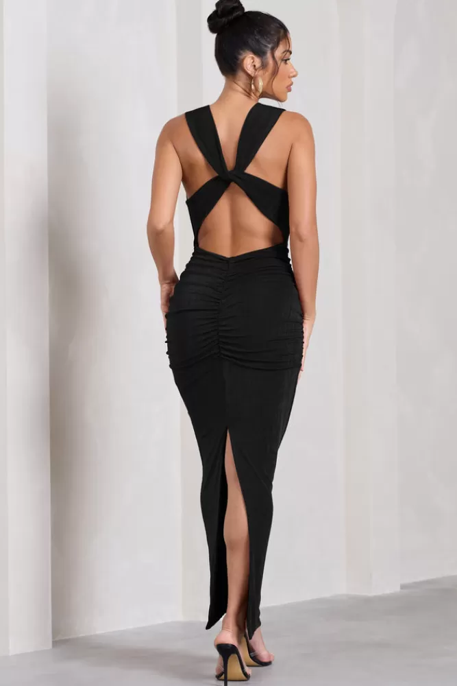 Club L London Finely Formed | Ruched Cowl-Neck Bodycon Maxi Dress BLACK Clearance