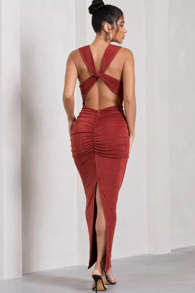 Club L London Finely Formed | Rust Red Ruched Cowl-Neck Bodycon Maxi Dress ROSEQUARTZ Shop