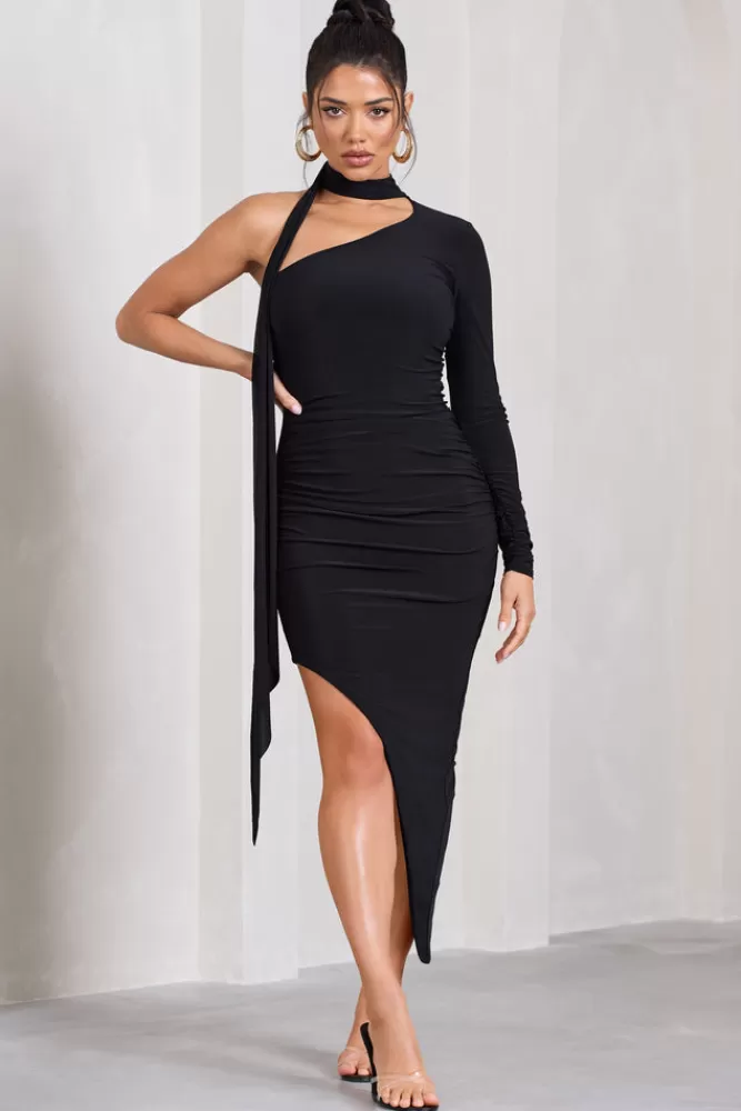 Club L London Firestorm | Asymmetric One-Sleeved Midi Dress With Scarf BLACK Best