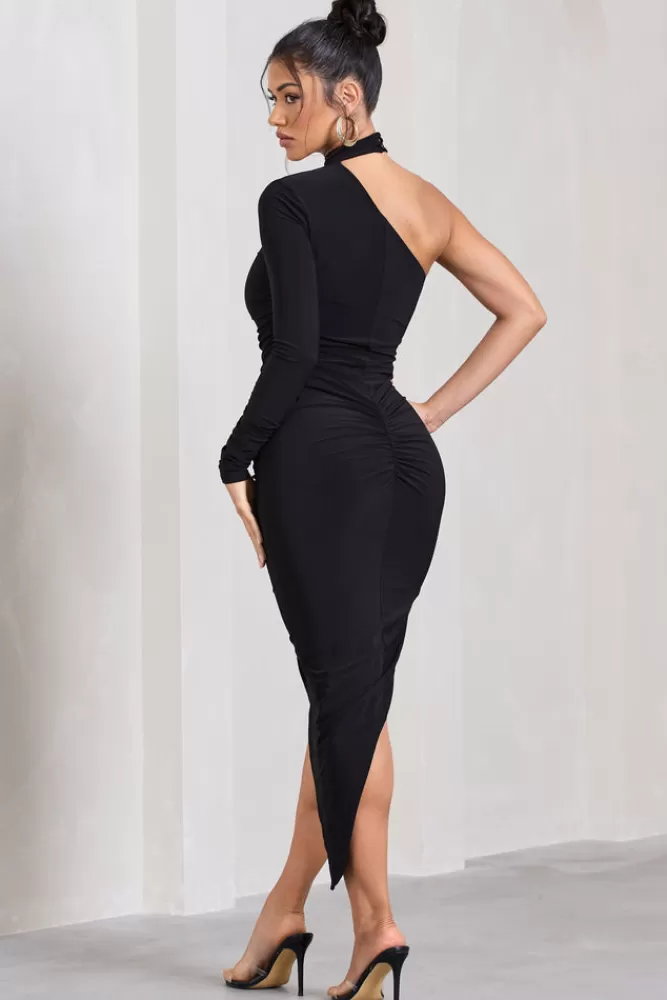 Club L London Firestorm | Asymmetric One-Sleeved Midi Dress With Scarf BLACK Best