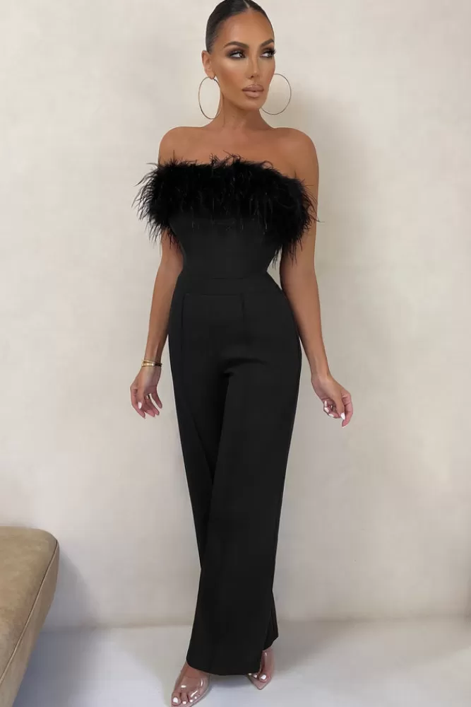 Club L London First Class | Bandeau Feather Wide Leg Jumpsuit Black Store