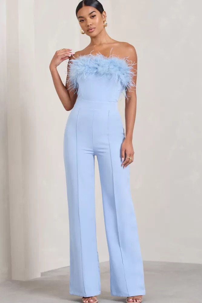 Club L London First Class | Bandeau Feather Wide Leg jumpsuit Blue Clearance