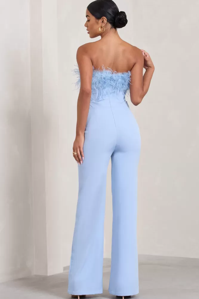 Club L London First Class | Bandeau Feather Wide Leg jumpsuit Blue Clearance