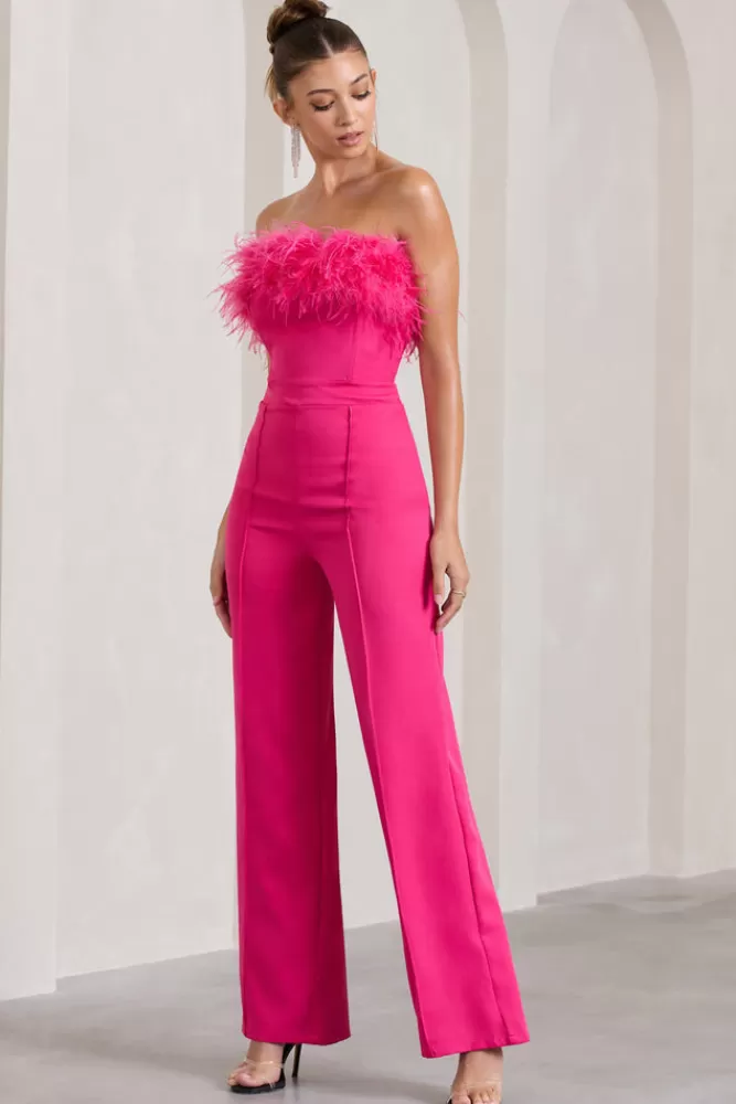 Club L London First Class | Hot Bandeau Feather Wide Leg Jumpsuit PINK Fashion